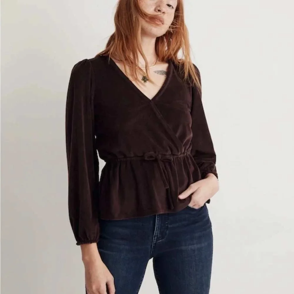 Madewell Womens Corduroy Wrap Burgundy Long Sleeve Peplum Blouse Size XXS